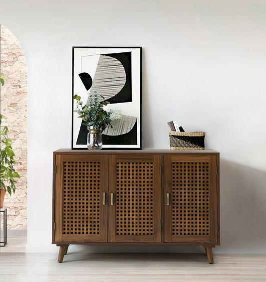 3 Door Beech Wood Accent Cabinet with Bronze Handle and Storage