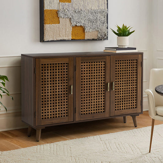 3 Door Beech Wood Accent Cabinet with Bronze Handle and Storage