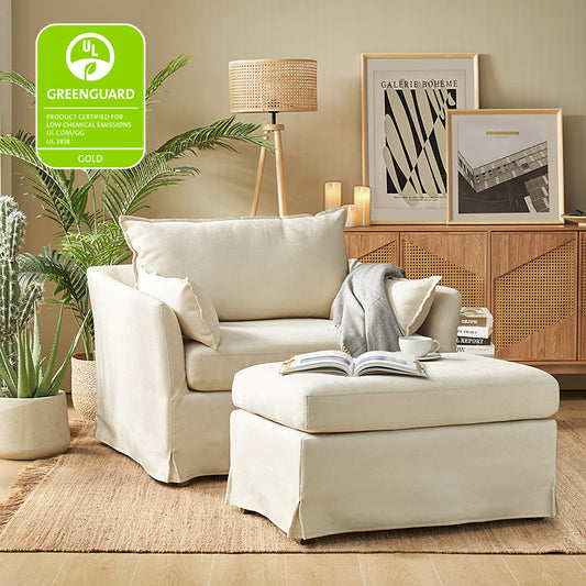 Farmhouse Slipcovered Armchair with Large Ottoman