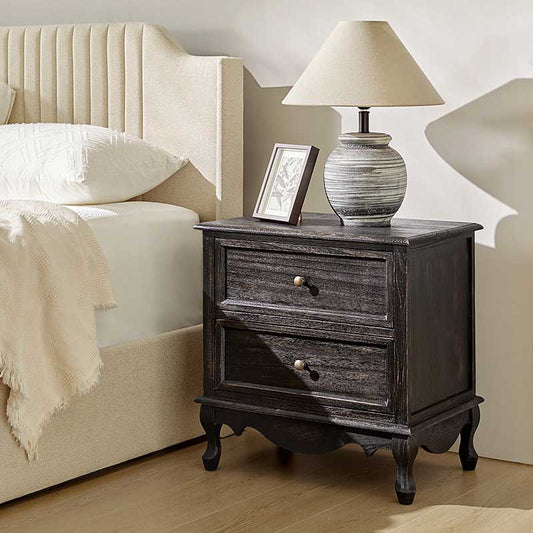 French Country Nightstand with 2 Drawers & Charging Station