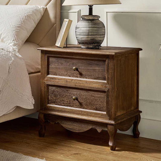 French Country Nightstand with 2 Drawers & Charging Station