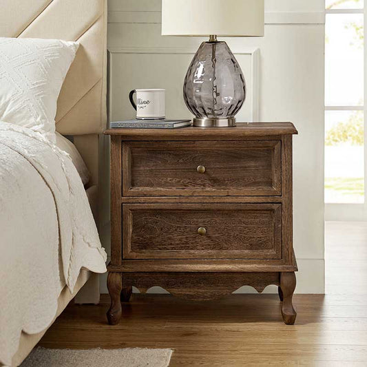 French Country Nightstand with 2 Drawers & Charging Station