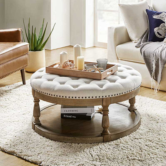 Tufted Round Ottoman Coffee Table with Storage Shelf