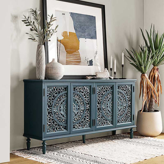 Carved Wood Sideboard with Wine Storage