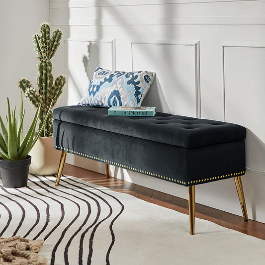 Lenore Velvet Upholstered Storage Bench with Gold Base & Nailhead Trim