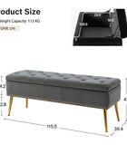 Lenore Velvet Upholstered Storage Bench with Gold Base & Nailhead Trim