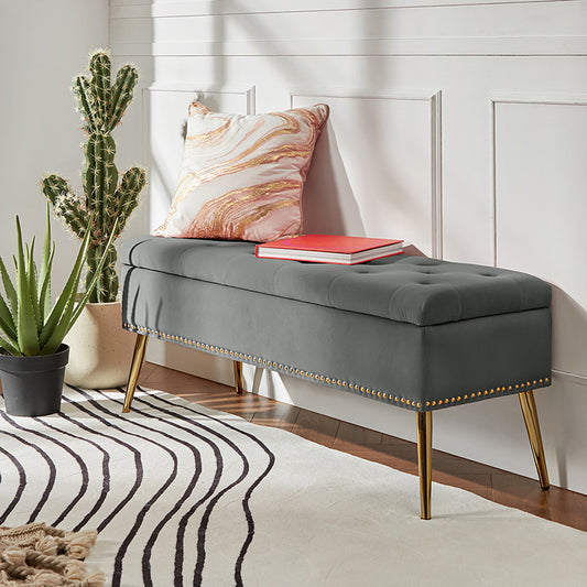 Lenore Velvet Upholstered Storage Bench with Gold Base & Nailhead Trim