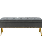 Lenore Velvet Upholstered Storage Bench with Gold Base & Nailhead Trim