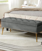 Lenore Velvet Upholstered Storage Bench with Gold Base & Nailhead Trim