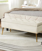 Lenore Velvet Upholstered Storage Bench with Gold Base & Nailhead Trim