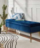 Lenore Velvet Upholstered Storage Bench with Gold Base & Nailhead Trim