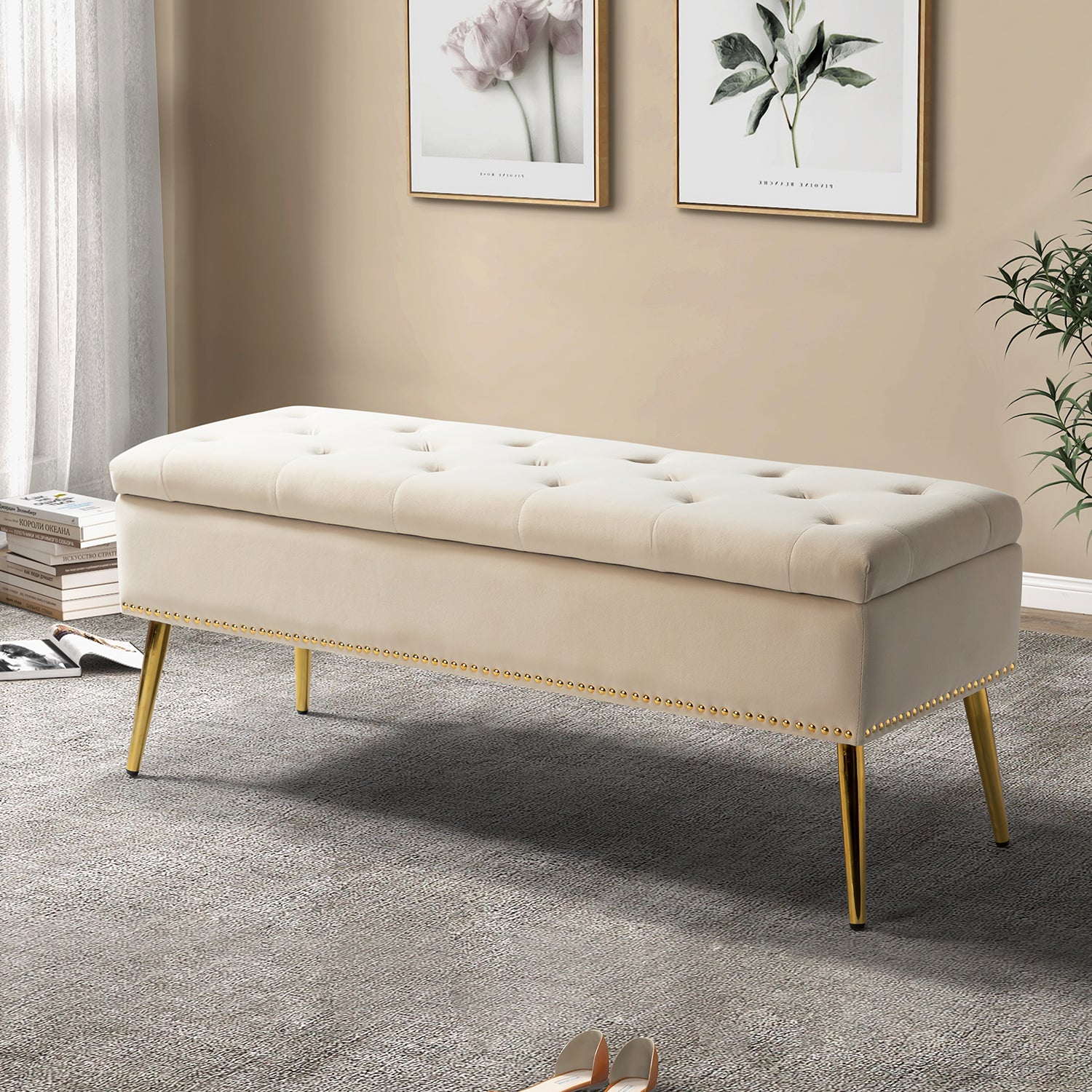 Lenore Velvet Upholstered Storage Bench with Gold Base & Nailhead Trim