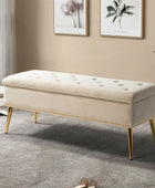 Lenore Velvet Upholstered Storage Bench with Gold Base & Nailhead Trim