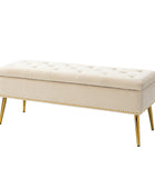 Lenore Velvet Upholstered Storage Bench with Gold Base & Nailhead Trim