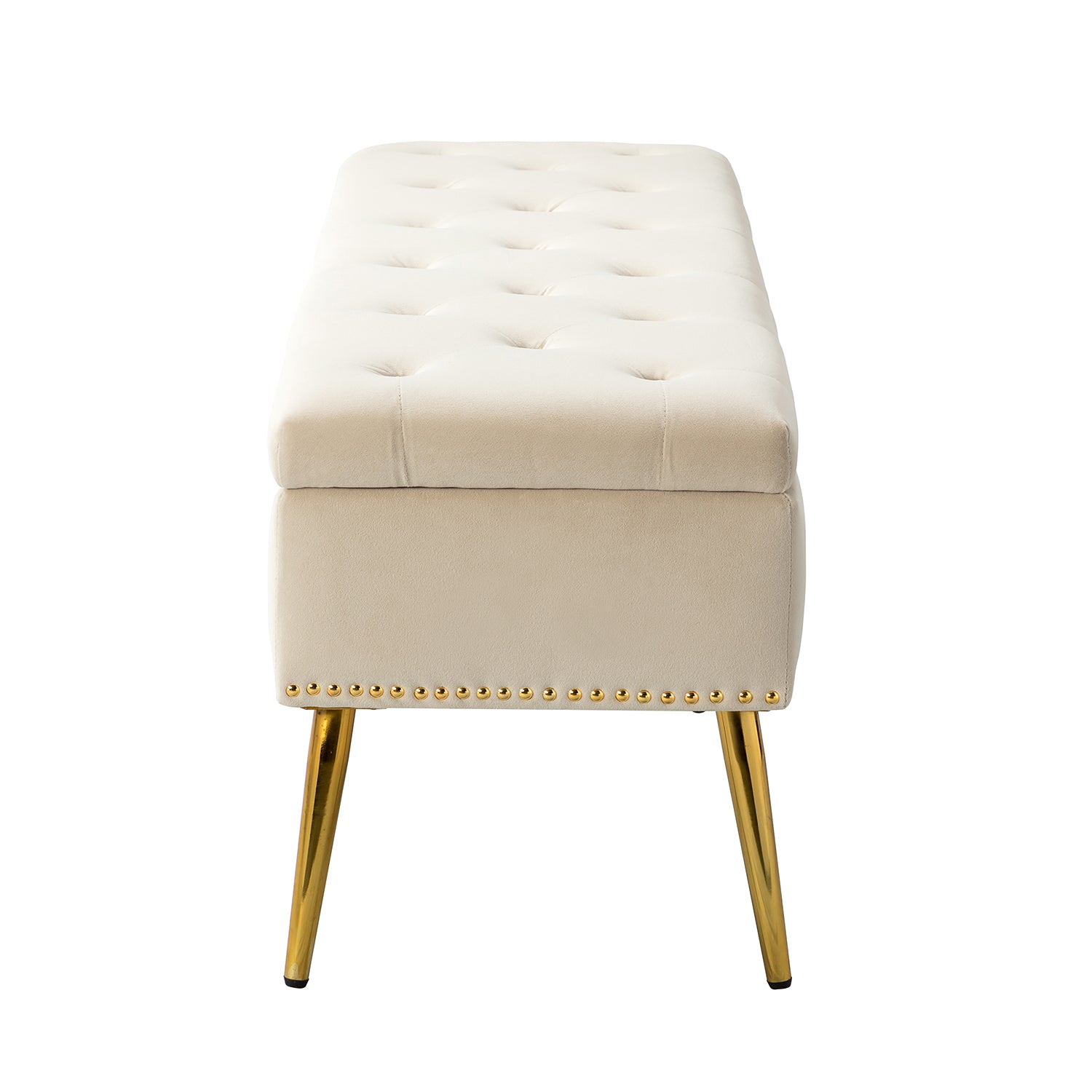 Lenore Velvet Upholstered Storage Bench with Gold Base & Nailhead Trim