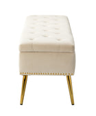 Lenore Velvet Upholstered Storage Bench with Gold Base & Nailhead Trim