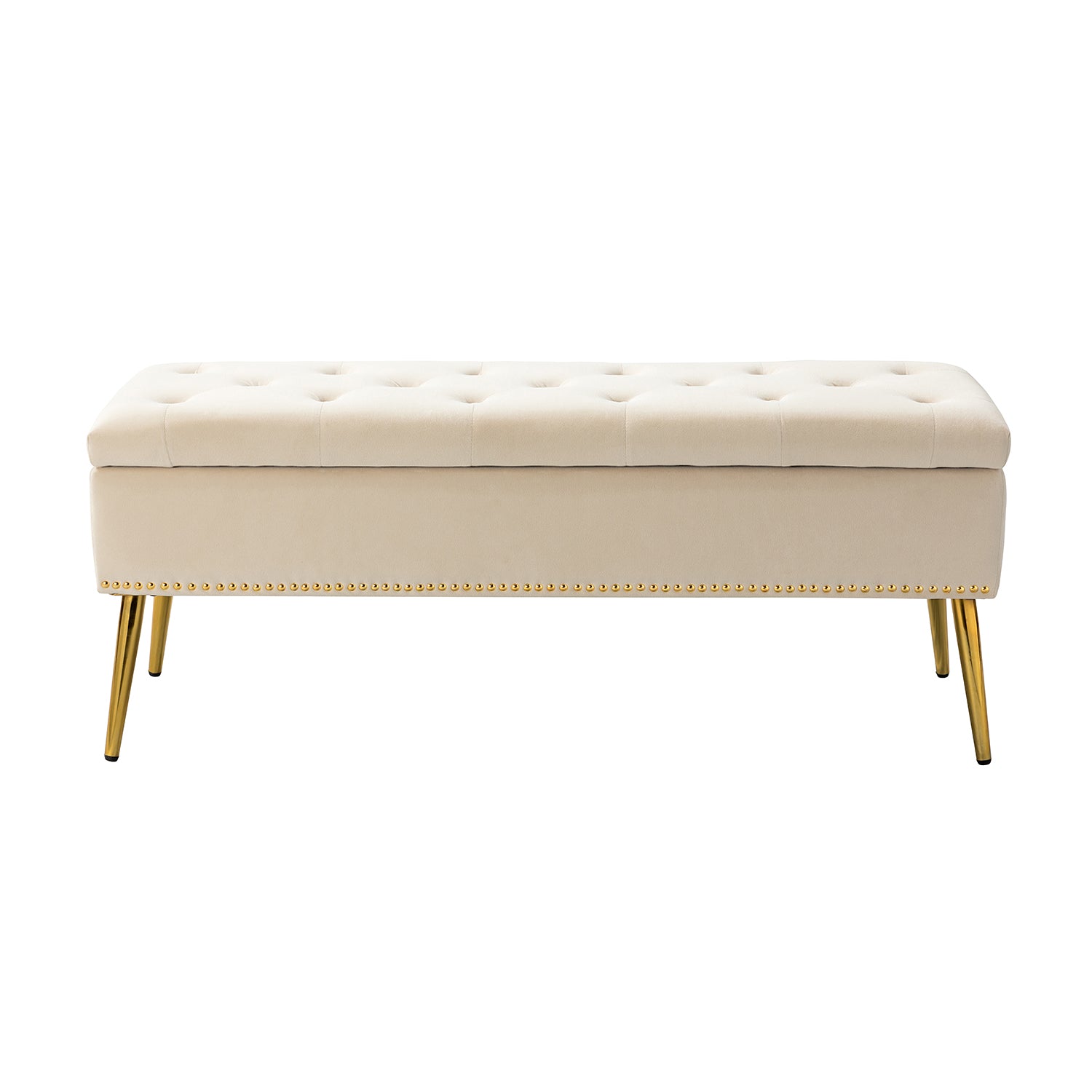 Lenore Velvet Upholstered Storage Bench with Gold Base & Nailhead Trim