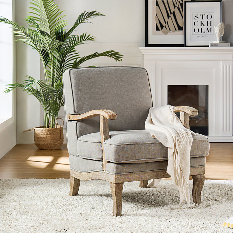 Randolph Farmhouse Upholstered Accent Chair with Solid Wood Arms