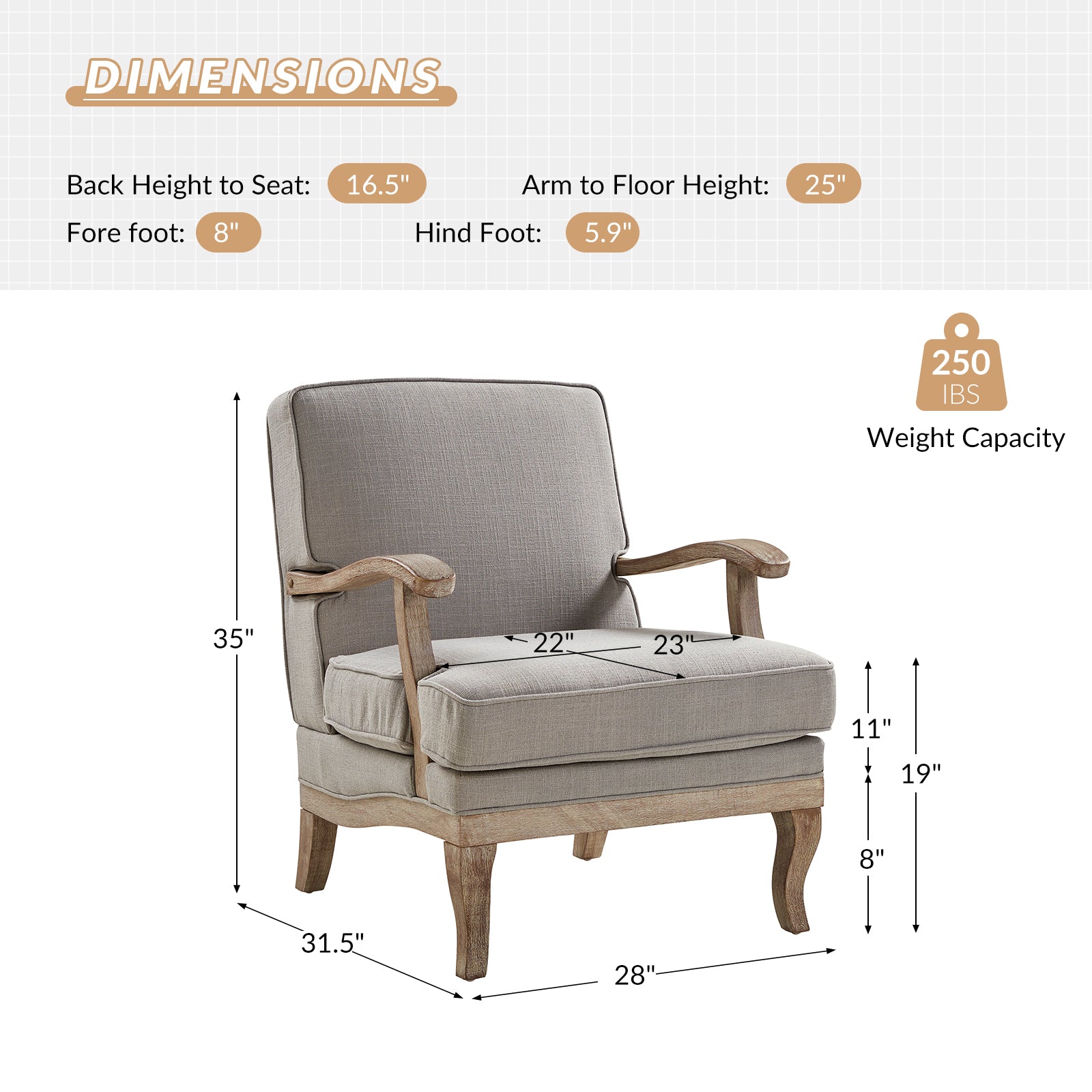 Randolph Farmhouse Upholstered Accent Chair with Solid Wood Arms
