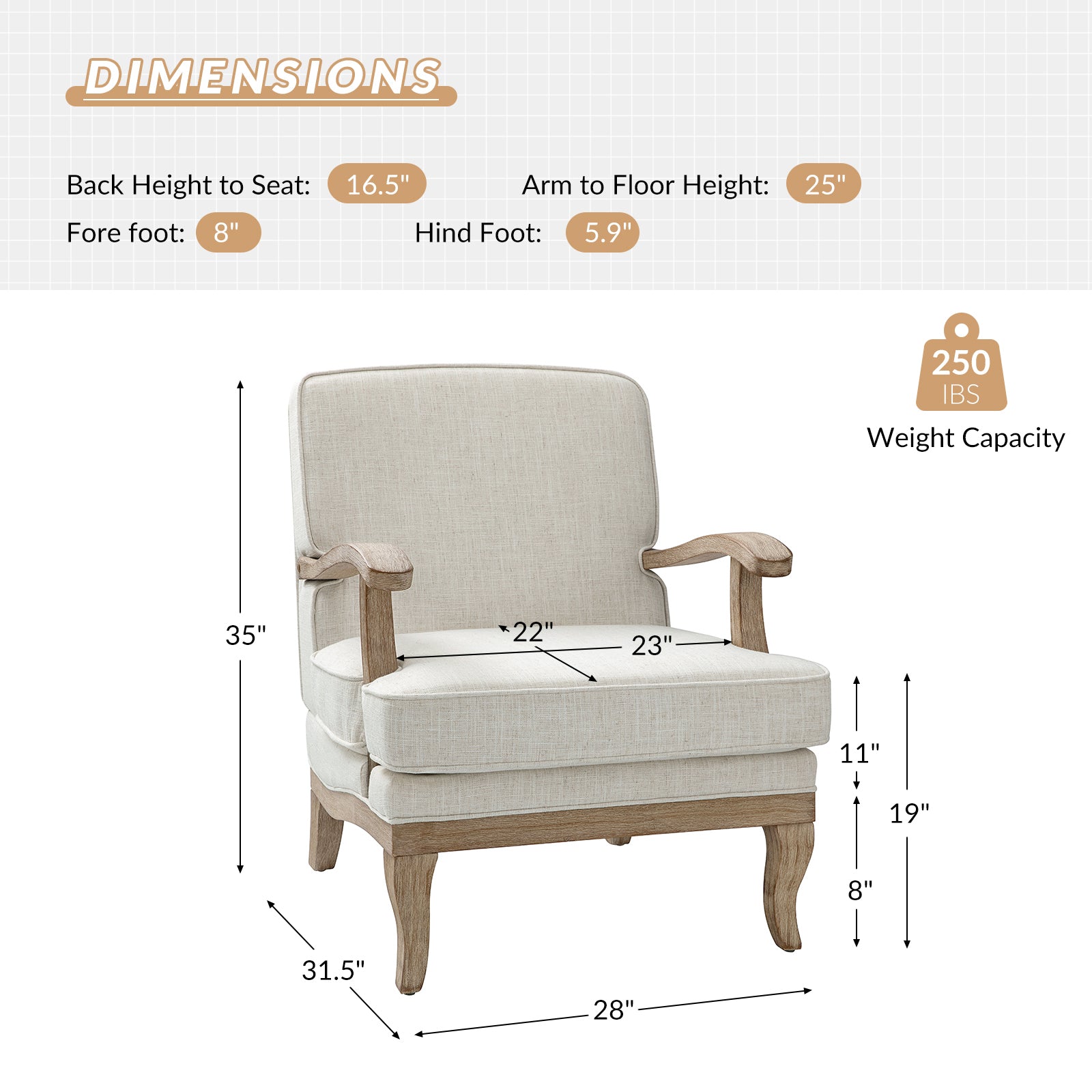 Randolph Farmhouse Upholstered Accent Chair with Solid Wood Arms