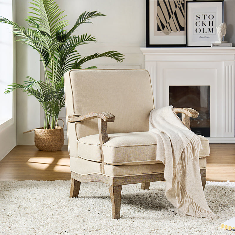 Randolph Farmhouse Upholstered Accent Chair with Solid Wood Arms