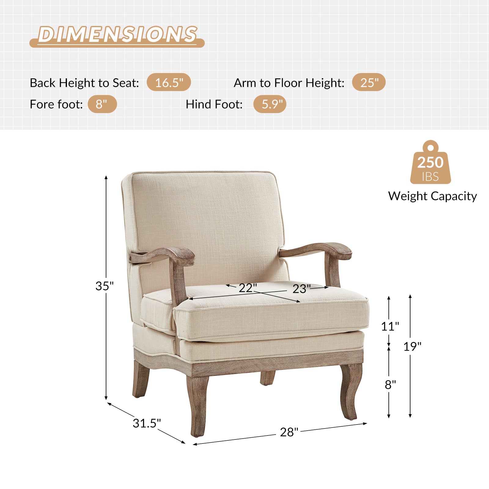 Randolph Farmhouse Upholstered Accent Chair with Solid Wood Arms