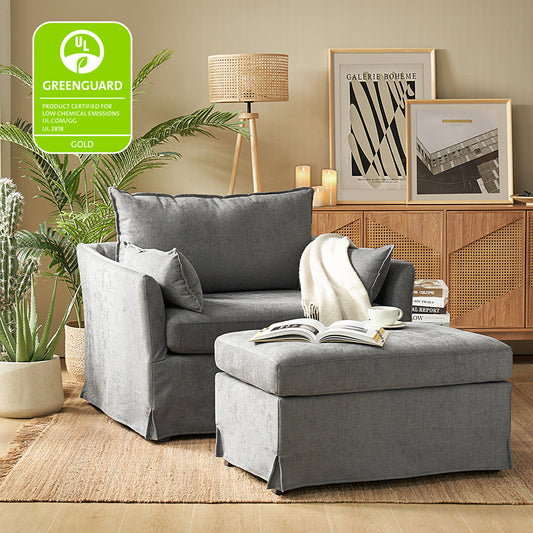 Farmhouse Slipcovered Armchair with Large Ottoman