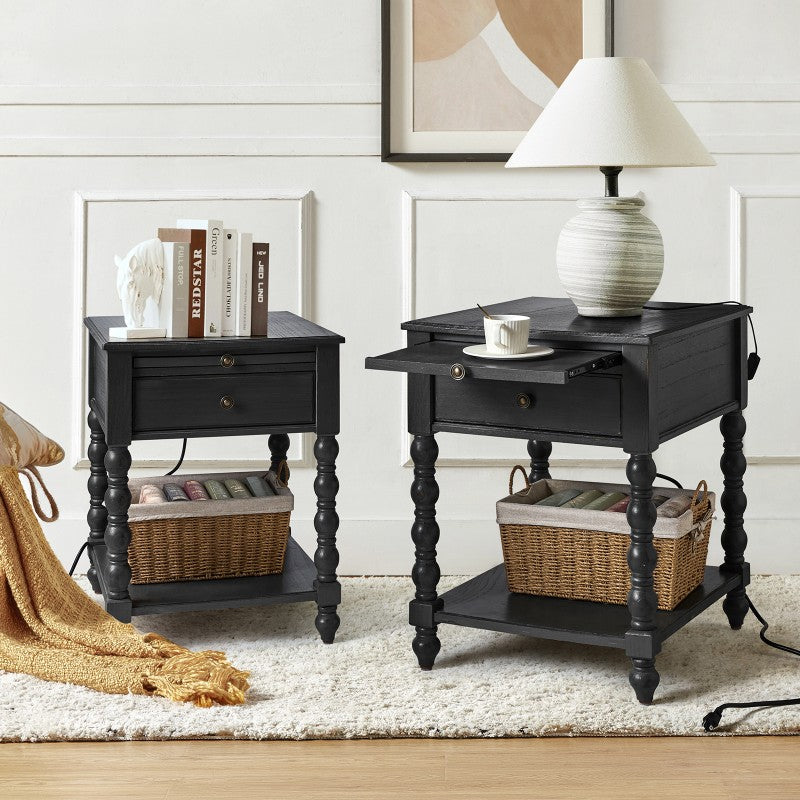 Ira Farmhouse Solid Wood End Table with Built-in Charging Outlets