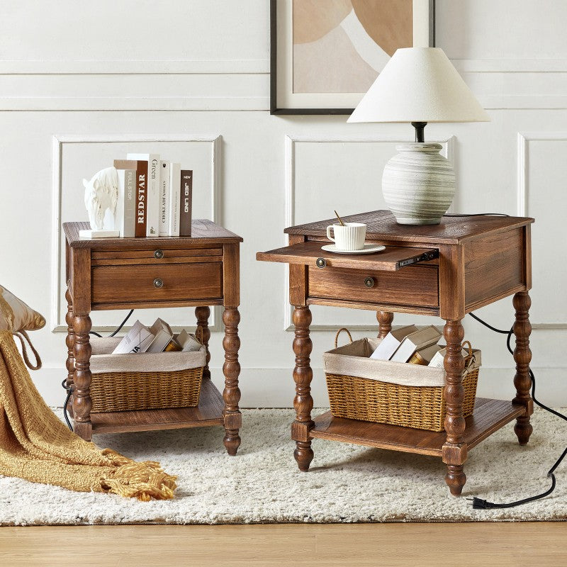 Ira Farmhouse Solid Wood End Table with Built-in Charging Outlets