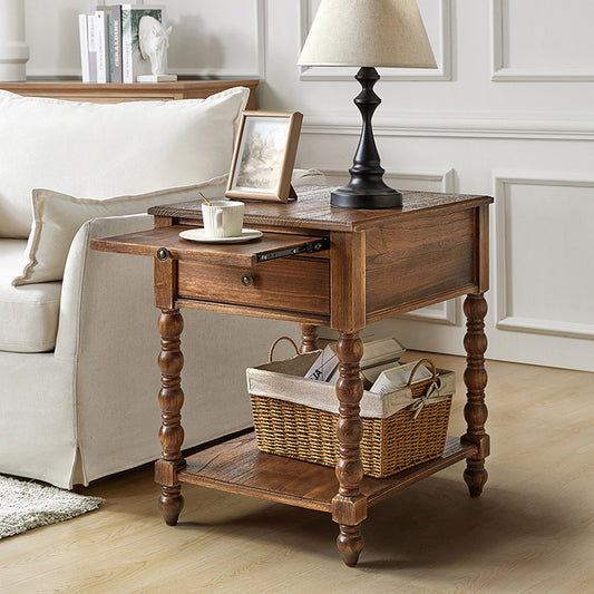 Ira Farmhouse Solid Wood End Table with Built-in Charging Outlets