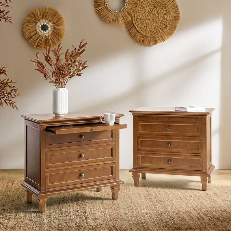Farmhouse 3-Drawer Nightstand with Shelf & Charging Port