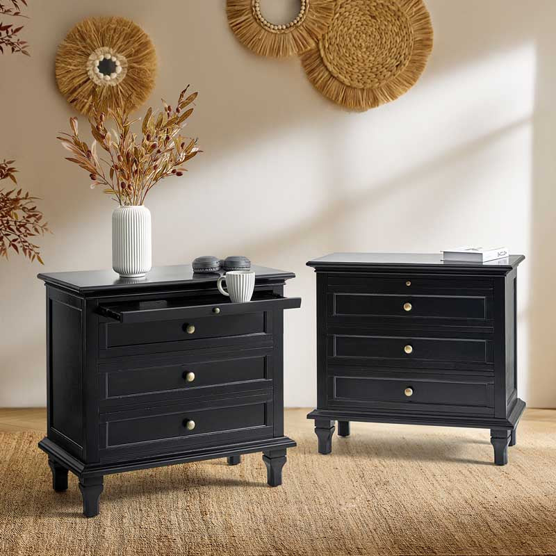 Farmhouse 3-Drawer Nightstand with Shelf & Charging Port