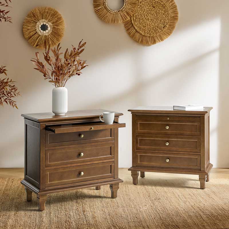 Farmhouse 3-Drawer Nightstand with Shelf & Charging Port