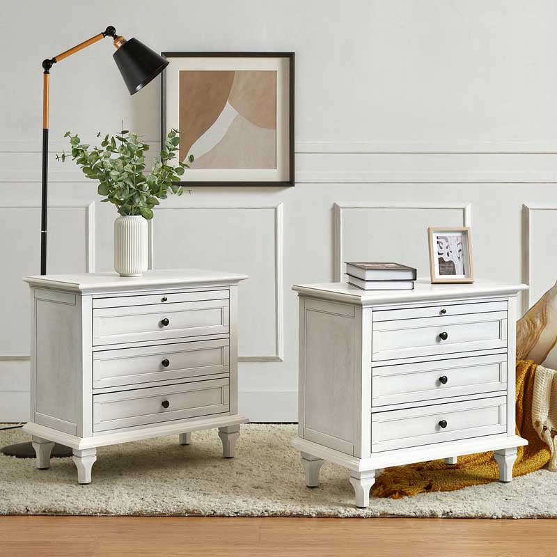 Farmhouse 3-Drawer Nightstand with Shelf & Charging Port