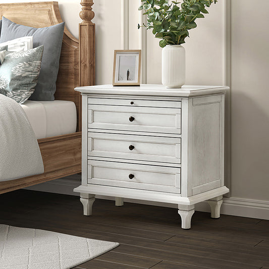 Farmhouse 3-Drawer Nightstand with Shelf & Charging Port