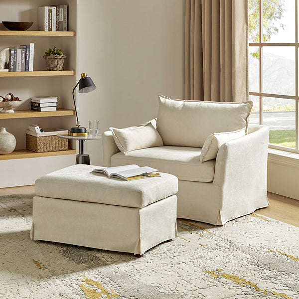 Farmhouse Slipcovered Armchair with Large Ottoman