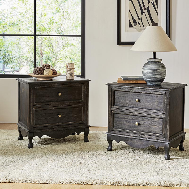 French Country Nightstand with 2 Drawers & Charging Station