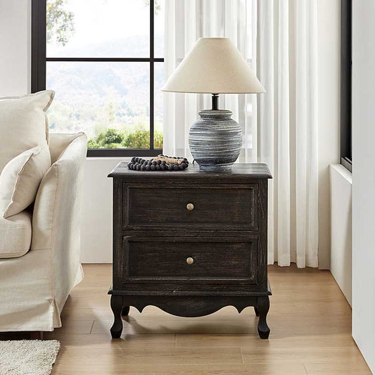 French Country Nightstand with 2 Drawers & Charging Station