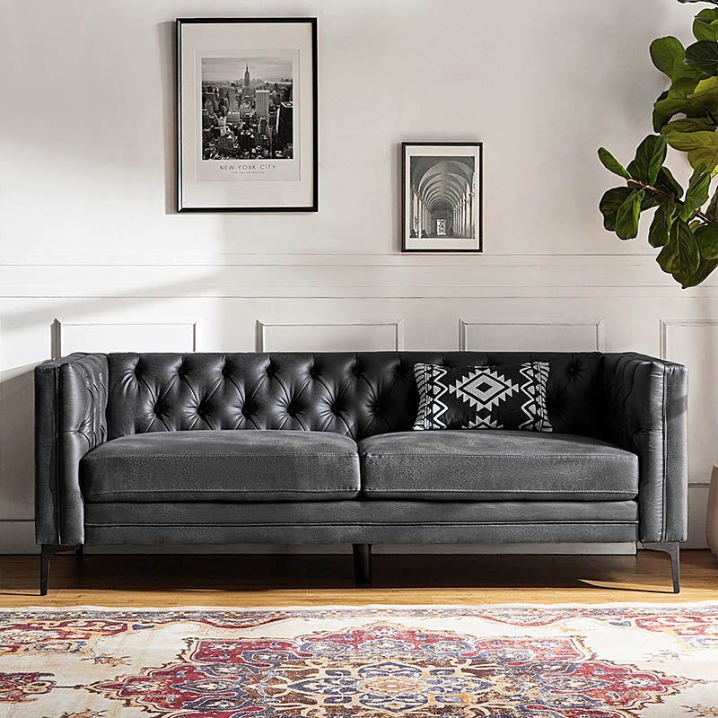 Vegan Leather Mid-century Modern Tufted Sofa