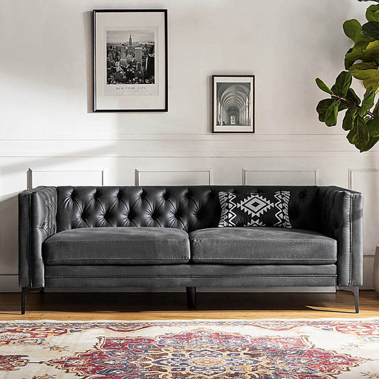 Vegan Leather Mid-century Modern Tufted Sofa
