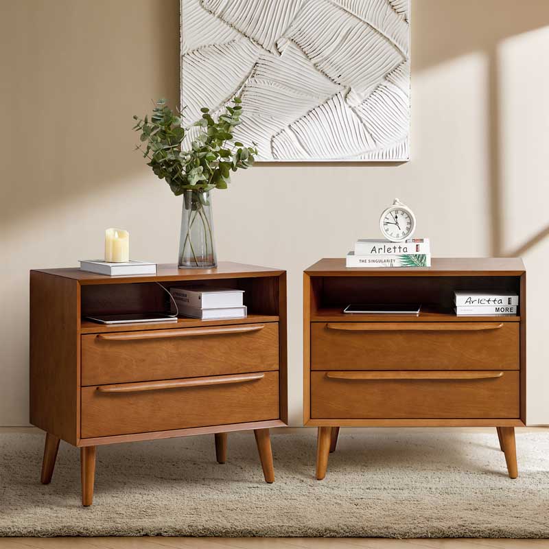 Mid-Century Nightstand with Charging Station & Shelf
