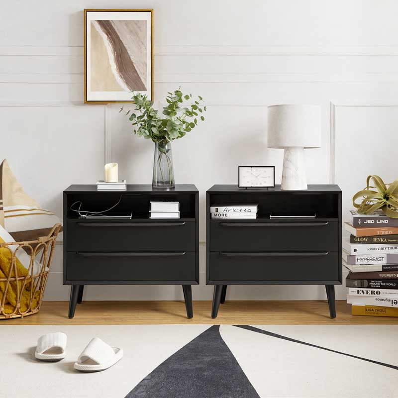 Mid-Century Nightstand with Charging Station & Shelf