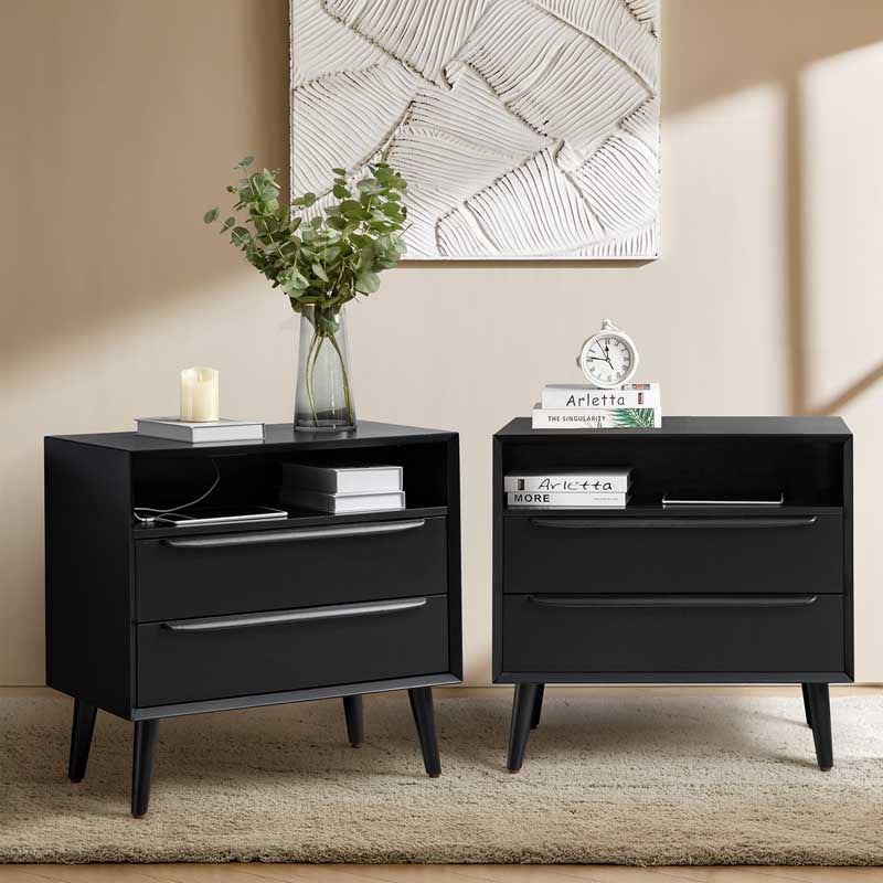 Mid-Century Nightstand with Charging Station & Shelf