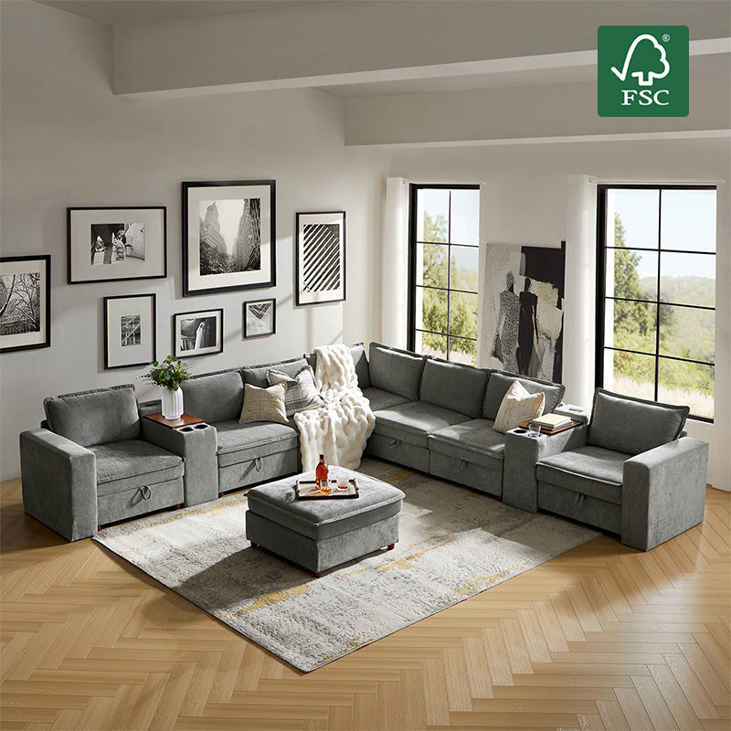 Miriam Sectional Sofa with Storage, Tabletop, Cup Holders & USB Ports