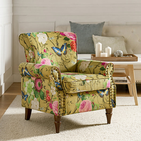 Modern Floral Pattern Upholstered Wingback Armchair