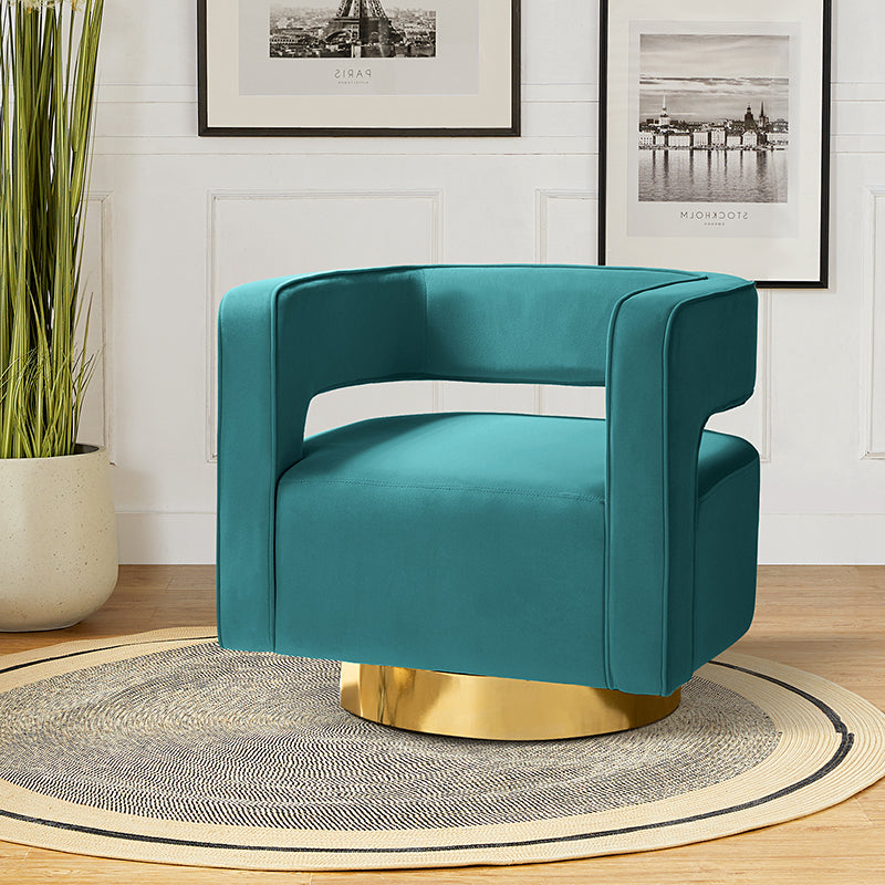 Modern Velvet Swivel Barrel Armchair with 3D Curved Open Back