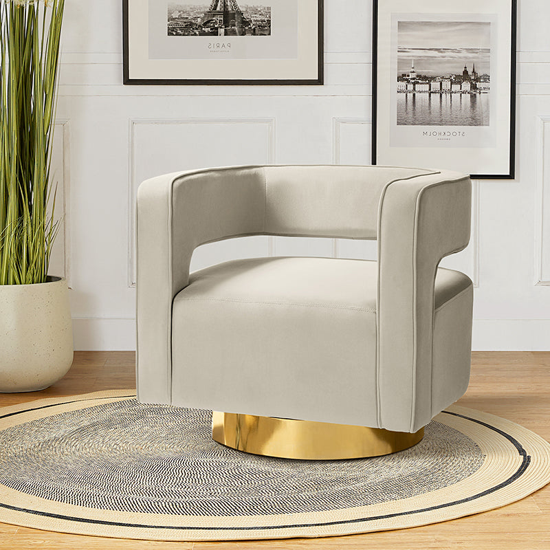 Modern Velvet Swivel Barrel Armchair with 3D Curved Open Back