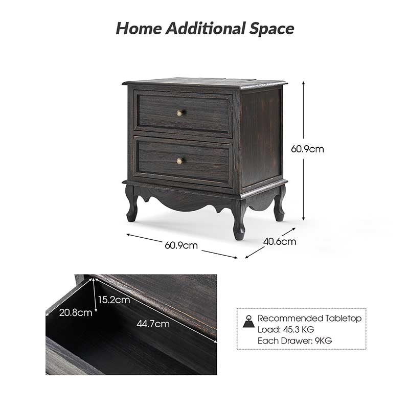 Galatea French Country Nightstand with 2 Drawers & Charging Station