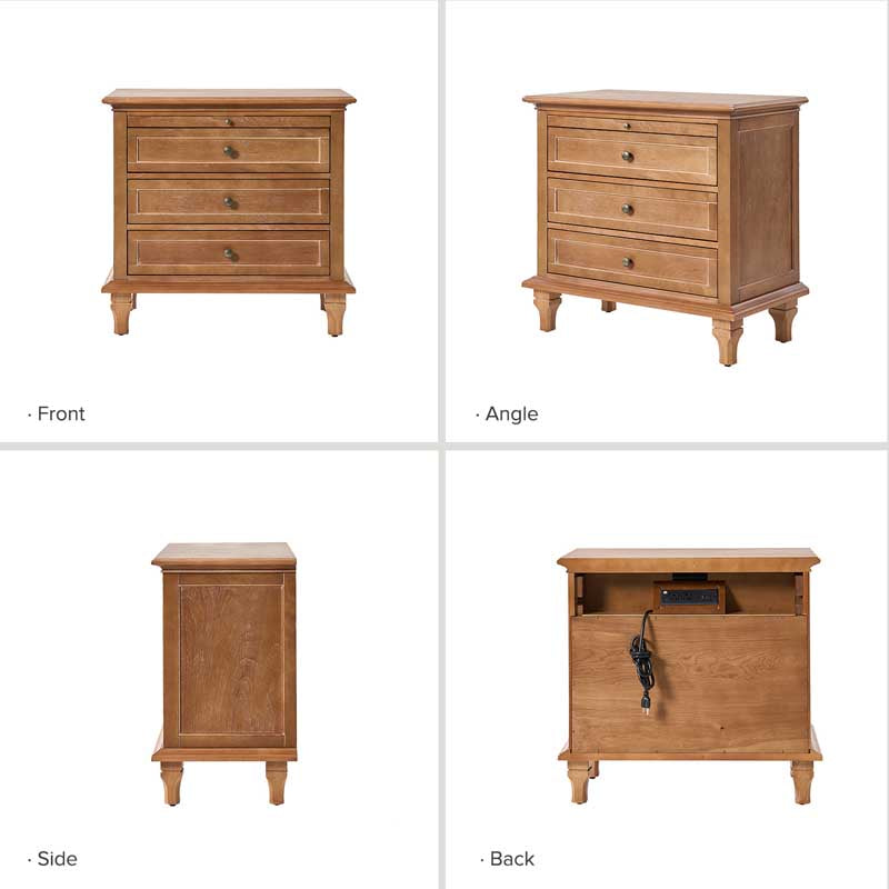 Galatea Farmhouse 3-Drawer Nightstand with Shelf & Charging Port