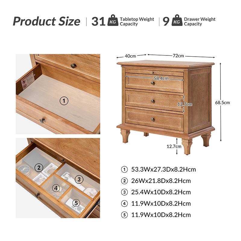 Galatea Farmhouse 3-Drawer Nightstand with Shelf & Charging Port